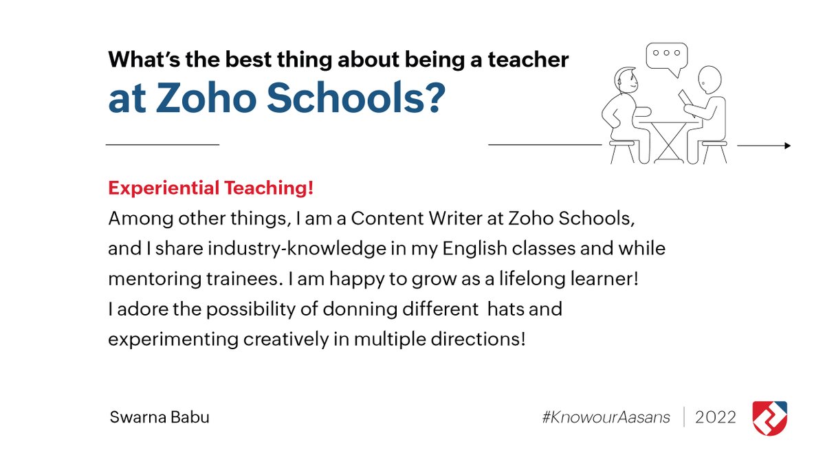 ZohoSchools's tweet photo. Presenting Swarna Babu san’s story - a one-of-a-kind featuring the first student to become a faculty teaching the craft right where she learned it!
#zohoschools #knowouraasans #facultyintro #teachersofzs #teacher #zoho #schools #faculty #introduction #schooloftechnology https://t.co/eSkUR9hDGl