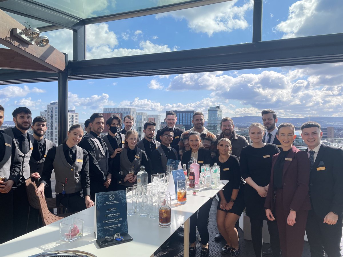 FindlaterandCo's tweet photo. Great to have Spencer Matthews over giving the staff training on the rooftop of ⁦@themarkerhotel⁩ in Dublin.  Simply substitute a Clean product in your favourite cocktails to lead a sober life https://t.co/zeqF0DQKHa