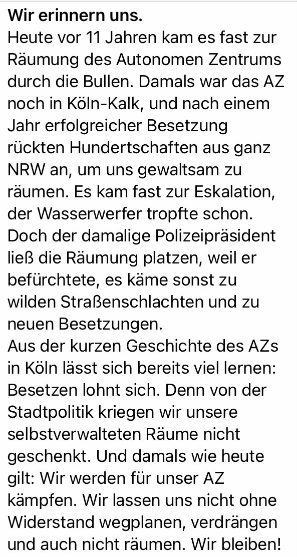 unsersquat's tweet photo. Heute vor 11 Jahren:
KEINE #Räumung vom #AZ #Köln.
#AZKöln #KeinTagOhne #wirbleibenalle #keintagohne #rabaz #gekommenumzubleiben #k3103 https://t.co/bC3BK2WPMR