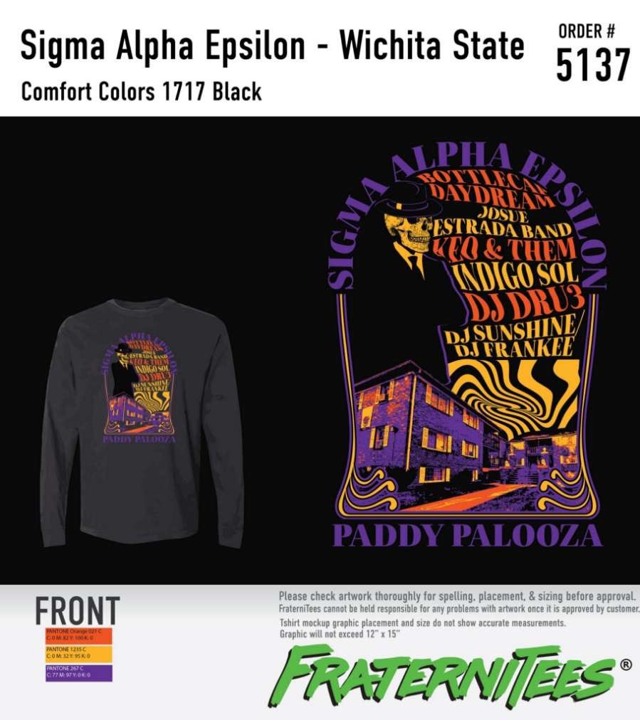 Paddy Palooza shirts out now! With short and long sleeve options you don’t want to miss out! Order yours before April 11th through the link below

fraternitees.com/products/wichi…