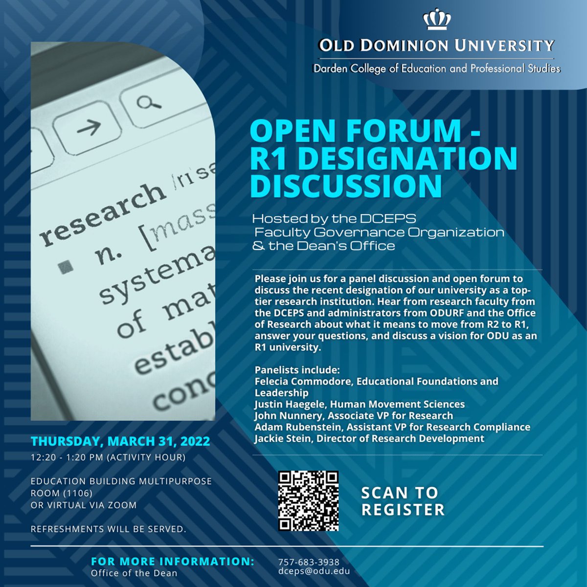 epsODU's tweet photo. Happening now! DCEPS &amp; FGO is hosting an open forum with leading experts on research and development to discuss ODU as an R1 Institution. 🦁👑 https://t.co/5QYth7ihGk