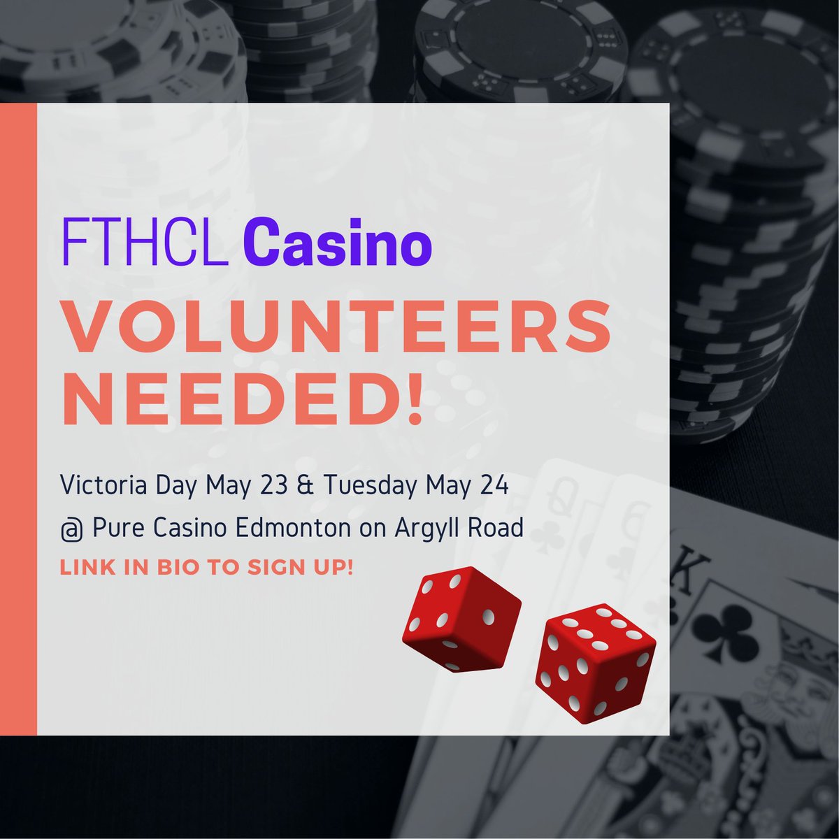 We need YOU! FTHCL is looking for volunteers for our casino in May.

Volunteers receive a Community League membership (giftable if you already have one), and dinner at the event. Visit: volunteersignup.org/TWKWY

Info:
Email: anna@forestterrace.org
Phone: 780-485-6099 (landline)