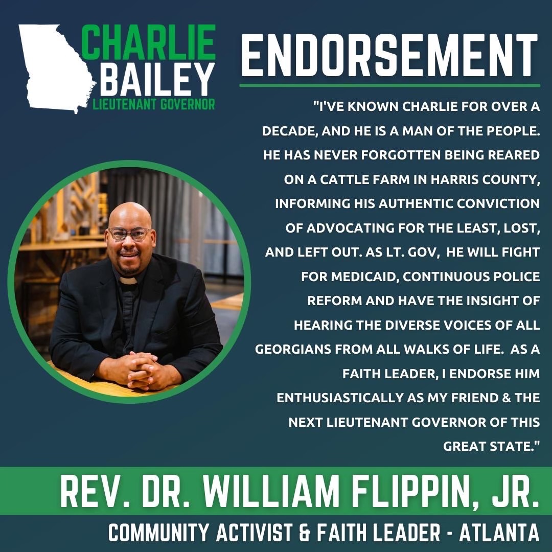 pastorbilljr's tweet photo. I am proud to endorse my good friend Attorney Charlie Bailey as the next Lieutenant Governor of the great state of Georgia. https://t.co/dutaDlf9K7