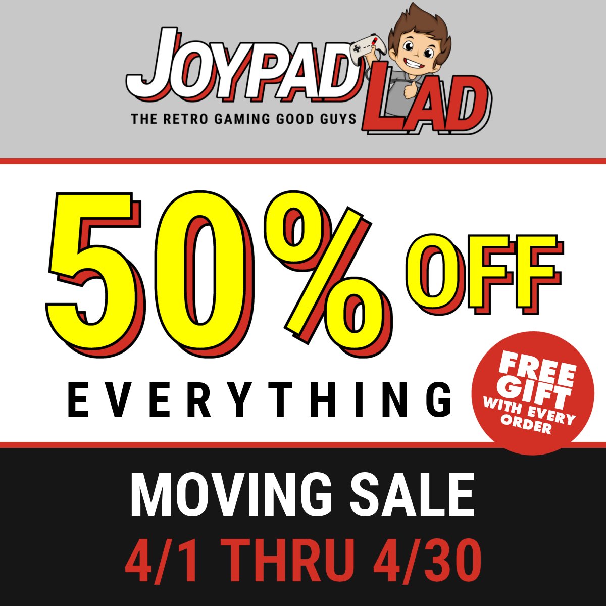 JoypadLadShop's tweet photo. Alright, time for the big announcement that was teased last week!
Starting April 1st, we are doing a huge moving sale for the entire month with 50% off of everything and a free gift included in every order!
#sale #discount #clearance #movingsale #games #toys #figures #gaming https://t.co/ouKiB7qSvr