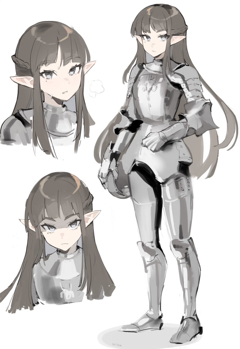 1girl pointy ears helmet armor long hair holding helmet grey eyes  illustration images