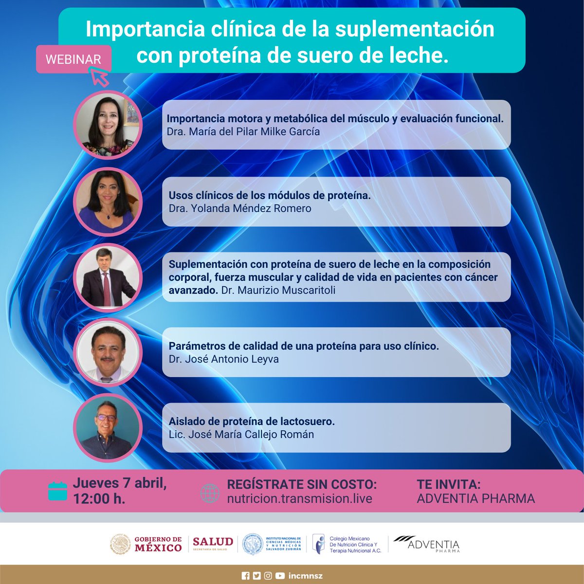 incmnszmx's tweet photo. Mantente informado y en tendencia con el webinar:
"Importancia clínica de la suplementación con proteína de suero de leche".
7 abril.
12:00 h.
Página web: https://t.co/e1aRLlTbpq
#Suplementación #Proteína #SueroDeLeche
#NutriciónClínica #Nutrición #Enteral #MóduloDeProteína https://t.co/W6cmpePwqA