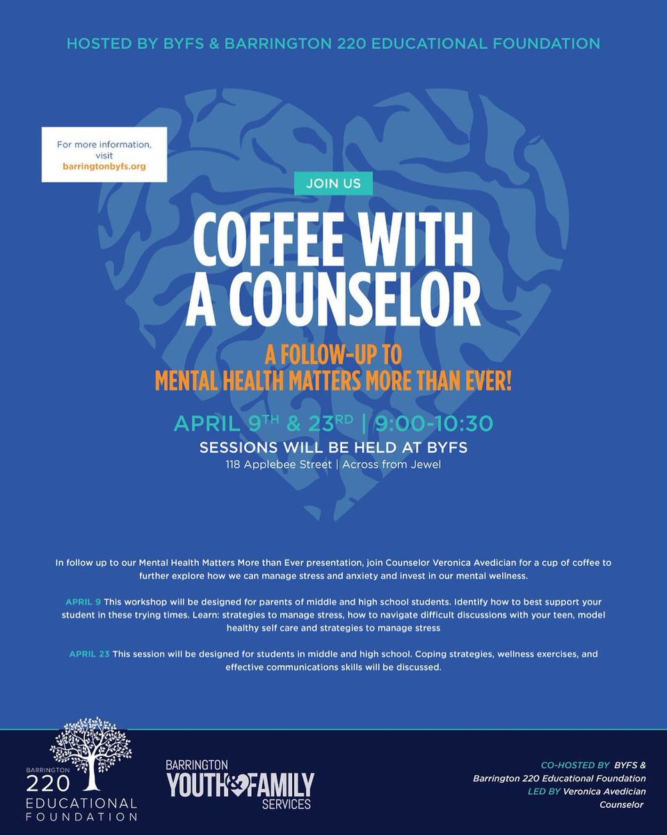 April 9 and 23, it’s time for coffee and chats with a counselor! This chat is a follow-up to our mental health seminar we had in February to manage stress, anxiety, and invest in our mental health!
There is one session for parents and another for students:
ow.ly/C8RL50Ixniw