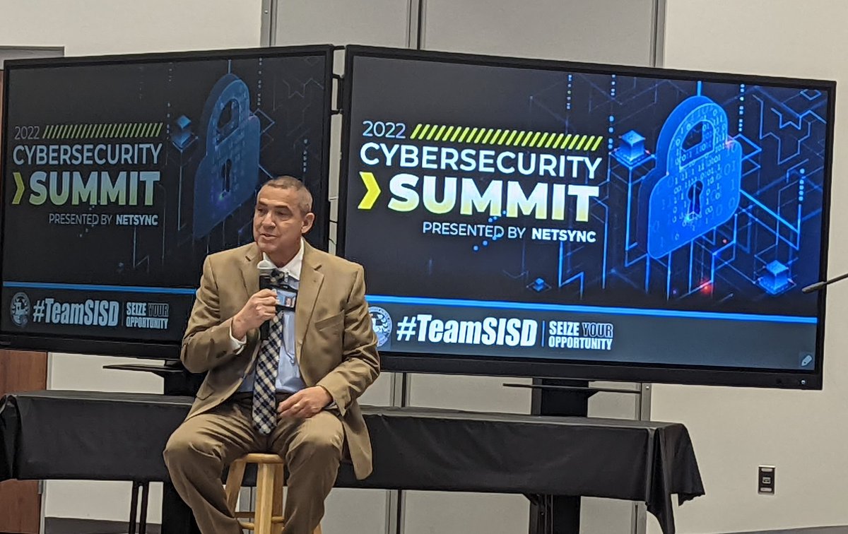 The @NetsyncNews #cybersecurity summit is happening now in @SocorroISD! Helping to get it started is our own @HReyna_TECH! Learning and sharing in our community. #StayCyberSafe #TeamSISD