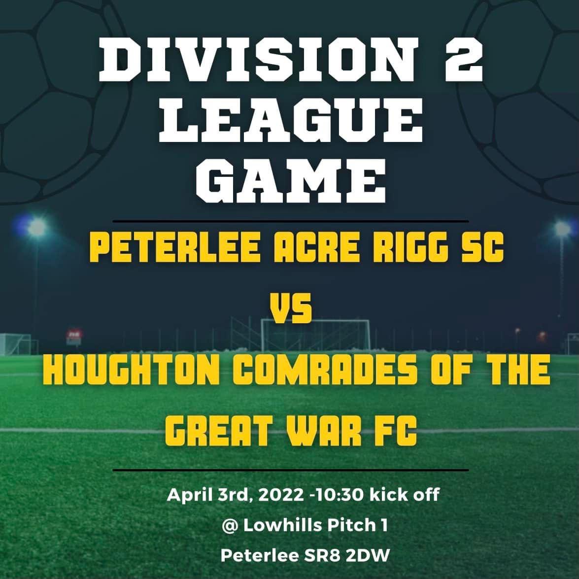 Weather permitting, we’ll be back in @peterleeSL action this Sunday against <a href="/HCGWFC/">Houghton Comrades of the Great War Football Club</a> at Lowhills. We’re still in a great position in the league so will be looking to bounce back from a difficult week with a good performance and hopefully 3 points.