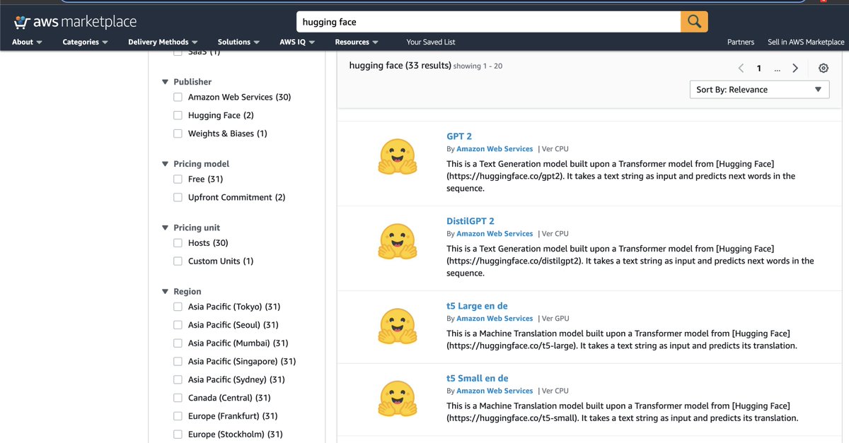 julsimon's tweet photo. You can now deploy the most popular @huggingface models straight from the @awsmarketplace. No code needed :) #MachineLearning #ItsNeverSimpleEnough https://t.co/lxSZAKuT4S https://t.co/v34bzpPOEb