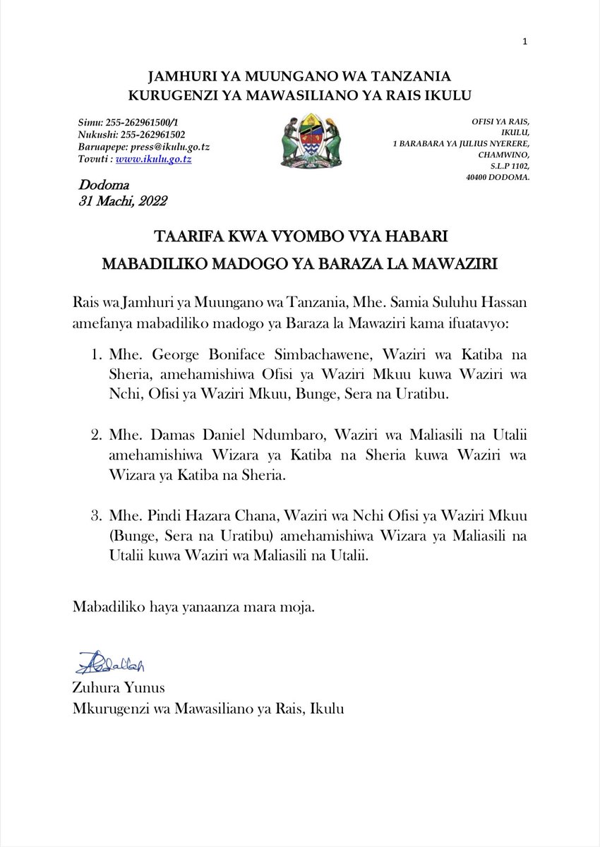 MABADILIKO BARAZA LA MAWAZIRI <a href="/venusnyota/">zuhura yunus</a>