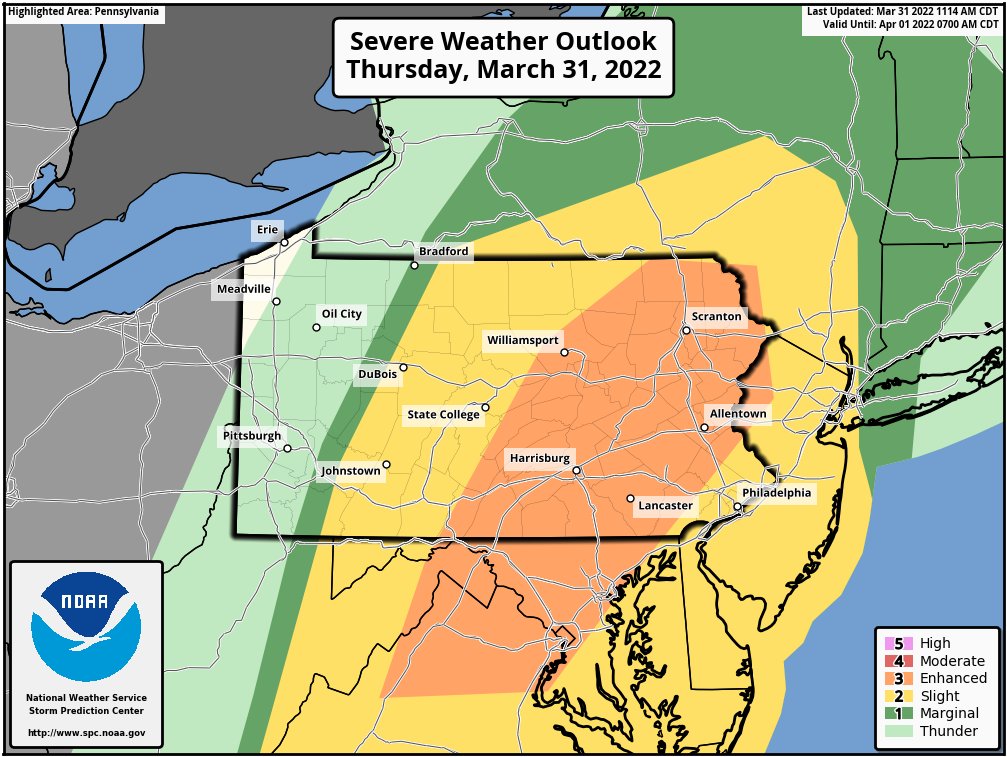 MikeMasco's tweet photo. **BREAKING**UPGRADED LEVEL 3 SEVERE WEATHER EVENT..
SPC has raised the threat level to a 3 out of 5 due to a concern for a few tornadoes and BIG winds this evening. Best area for damage is from #Scranton PA to #Winchester VA noted in Orange. https://t.co/FAWI471qfR