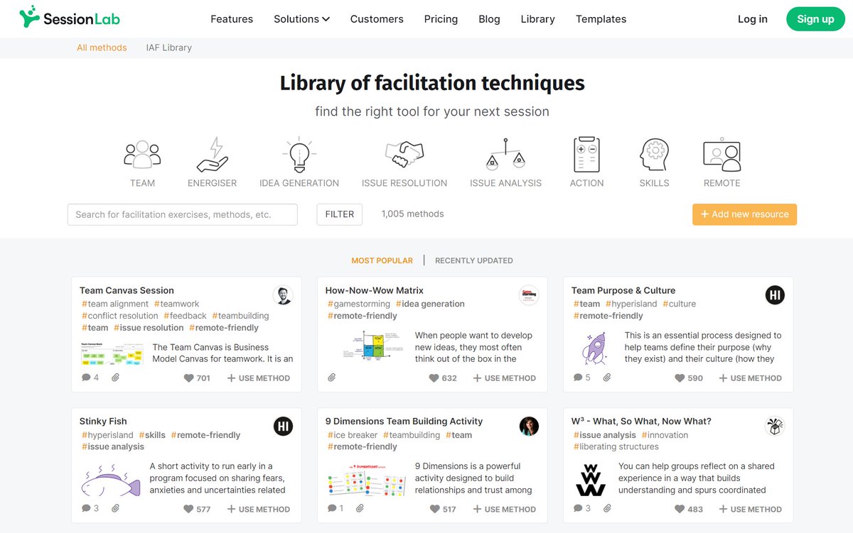 Helen Bevan (@helenbevan) on Twitter photo Anyone who facilitates meetings or finds themselves having to organise the team away day should look at this fantastic free resource. It's the library of 1,000 facilitation techniques from <a href="/SessionLab/">SessionLab</a>. I use it often for ideas for sessions I'm leading: sessionlab.com/library Anyone who facilitates meetings or finds themselves having to organise the team away day should look at this fantastic free resource. It's the library of 1,000 facilitation techniques from <a href="/SessionLab/">SessionLab</a>. I use it often for ideas for sessions I'm leading: sessionlab.com/library