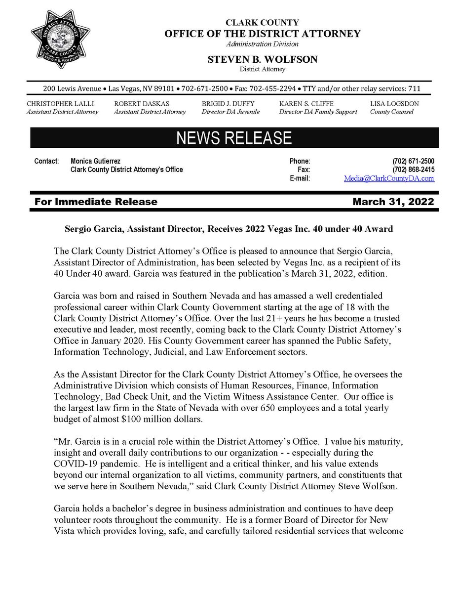 LasVegasDA's tweet photo. Sergio Garcia, Assistant Director, Receives 2022 Vegas, Inc. 40 under 40 Award
@ClarkCountyNV https://t.co/4E7GQsGDCL