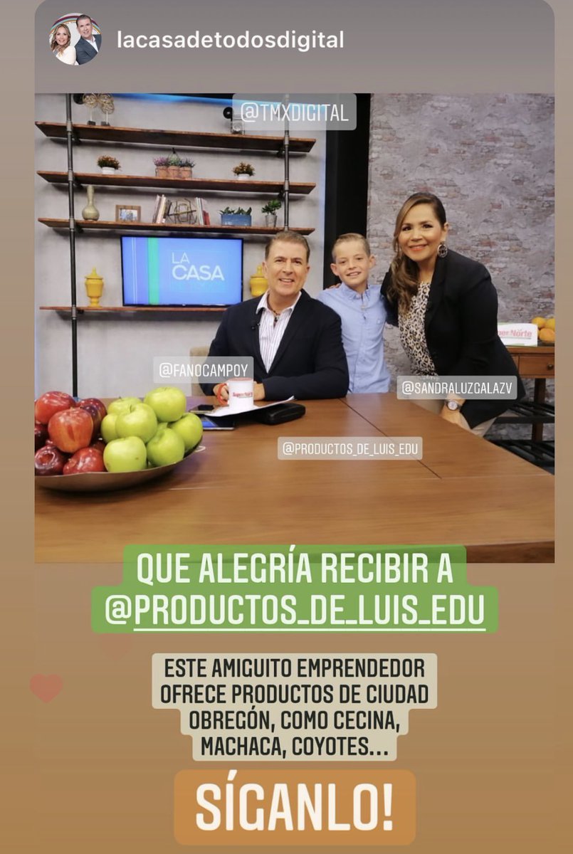 Muchísimas gracias por la invitación al programa <a href="/TMXDigital/">Telemax Sonora</a>  <a href="/FanoCampoy/">Fano Campoy</a> esto me motiva a seguir adelante y saber que los niños podemos tener los mismos espacios que los adultos! Y no se olviden hacer su pedido de cecina, machaca y empanadas de Obregón 😀