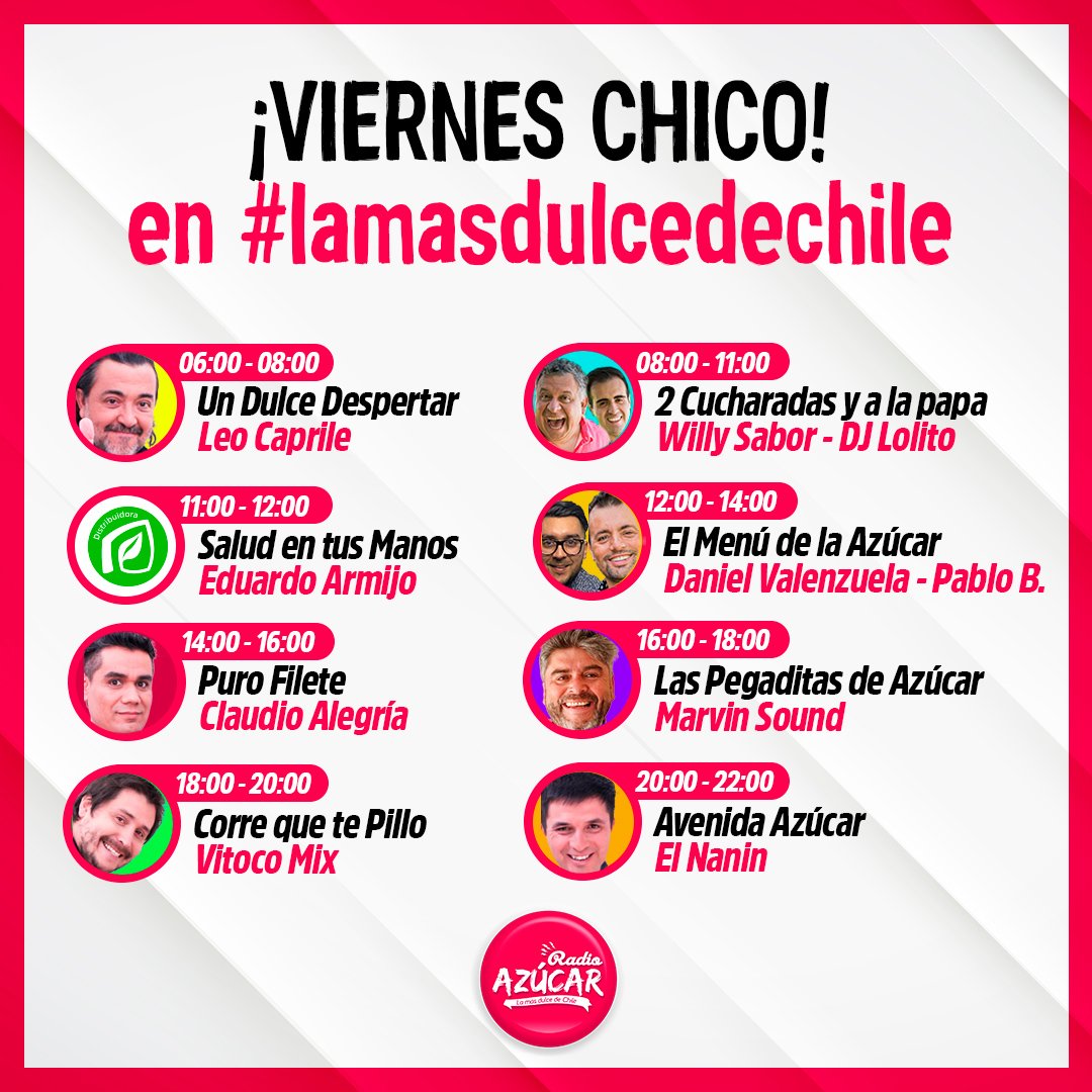 Vive este #vierneschico con 𝙇𝙖 𝙢á𝙨 𝙙𝙪𝙡𝙘𝙚 𝙙𝙚 𝘾𝙝𝙞𝙡𝙚 👏😁

Por toda la red, App  y radioazucar.cl 📻💻📱

📱WhatsApp +56963756000
📡 Teléfono 227976880

#musica #radio #radiofm #fm #endulzamostusdías #musicatropical #sound #cumbia #rancheras #salsa #merengue