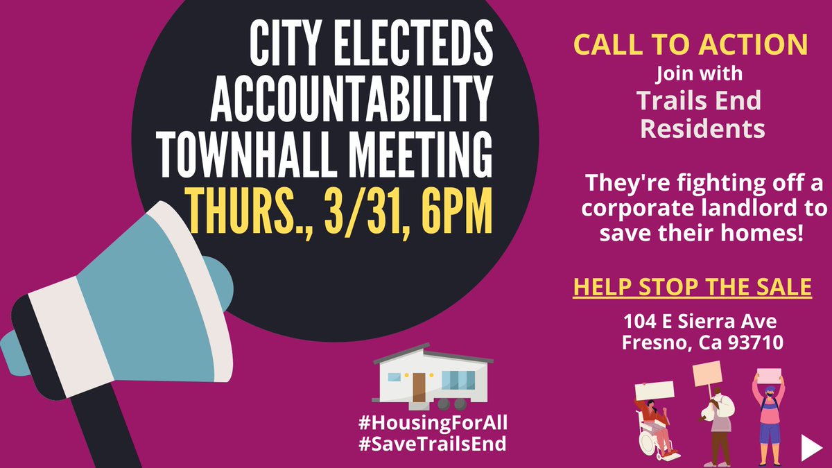 Dr. Janine Nkosi (@janinenkosi) on Twitter photo CALLING ALL #FRESNO TEACHERS!! Our children are at risk of #eviction. Please stand up for the children of #TrailsEnd MHP.
✅ Join residents TODAY at 6PM.
✅ Make a call to the Mayor and City Council.
✅ Add your name to a letter of support.
✅ spread the word!! <a href="/fresnota/">Fresno Teachers!</a> CALLING ALL #FRESNO TEACHERS!! Our children are at risk of #eviction. Please stand up for the children of #TrailsEnd MHP.
✅ Join residents TODAY at 6PM.
✅ Make a call to the Mayor and City Council.
✅ Add your name to a letter of support.
✅ spread the word!! <a href="/fresnota/">Fresno Teachers!</a>