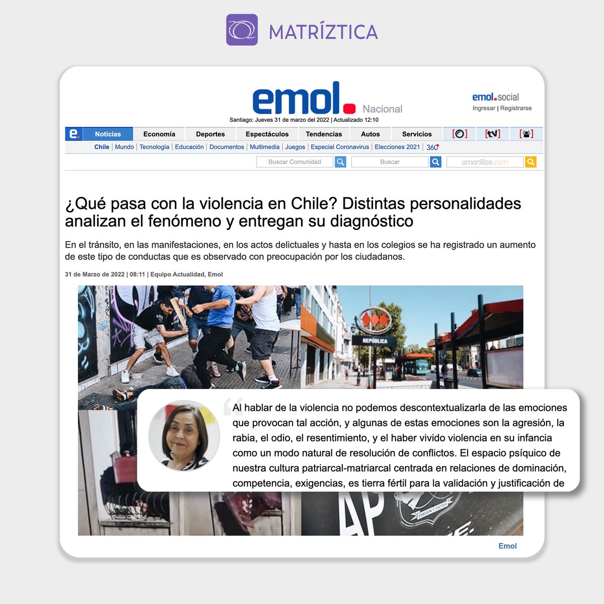 Hoy el diario <a href="/Emol/">Emol.com</a>  publicó una noticia sobre la violencia en Chile en el último tiempo, en donde nuestra Co-fundadora Ximena Dávila, dio a conocer su análisis y reflexión sobre este fenómeno. 
Los invitamos a leer la noticia completa en el link: emol.com/noticias/Nacio… 👈