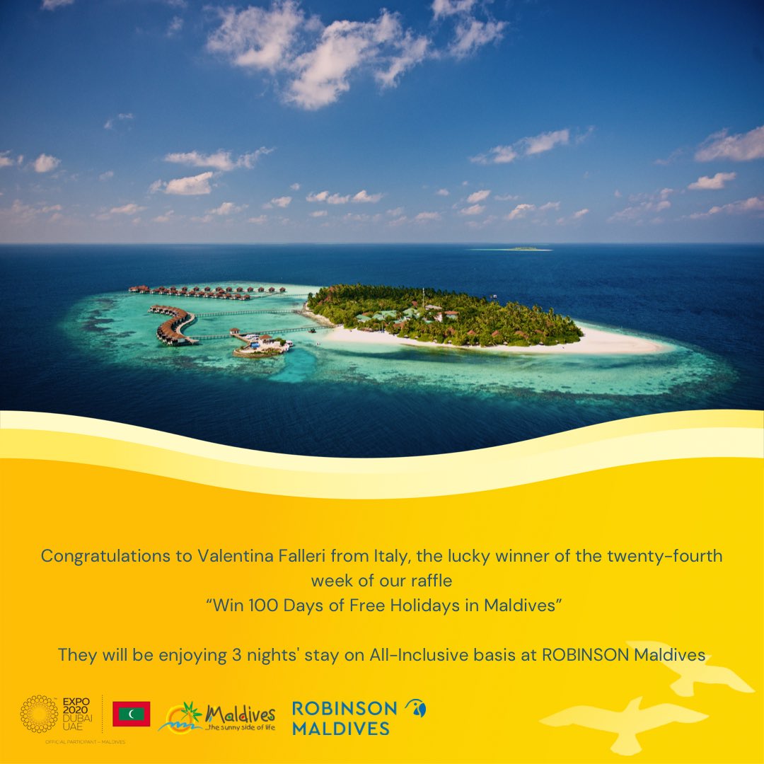 Congratulations to Valentina Falleri from Italy, the lucky winner of the twenty-fourth week of our raffle “Win 100 Days of Free Holidays in Maldives”

They will be enjoying 3 nights' stay on All Inclusive basis at ROBINSON Maldives!
#expo2020dubai