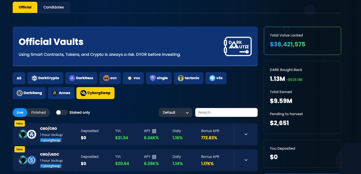 DarkCryptoFi's tweet photo. DarkCrypto has officially supported Vaults for
@CyborgSwapDEX :
✅ $CBO/ $CRO: 1.16% Daily APR
✅ $CBO/ $USDC: 1.14% Daily APR
⬇️ Deposit Here: https://t.co/UeV26VnfzL
🚀 Auto-Compound 🚀 High APY
#DarkCrypto #DarkAuto #CronosChain #CRO https://t.co/9w9pS5jNDG