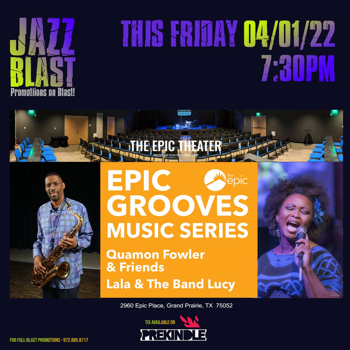 JazzUpDallas's tweet photo. Weekend is here! Plan your Friday night April1 at #TheEpicTheater in @GrandFunGP. Performances by @TeXas10er and #LalaJohnson. Support jazz. Get your advanced tix now at https://t.co/GXkJSfAFB9  
In support of jazz, purchase $10+ even if you can’t attend. #GandPrairie https://t.co/yxD0f6HPiF