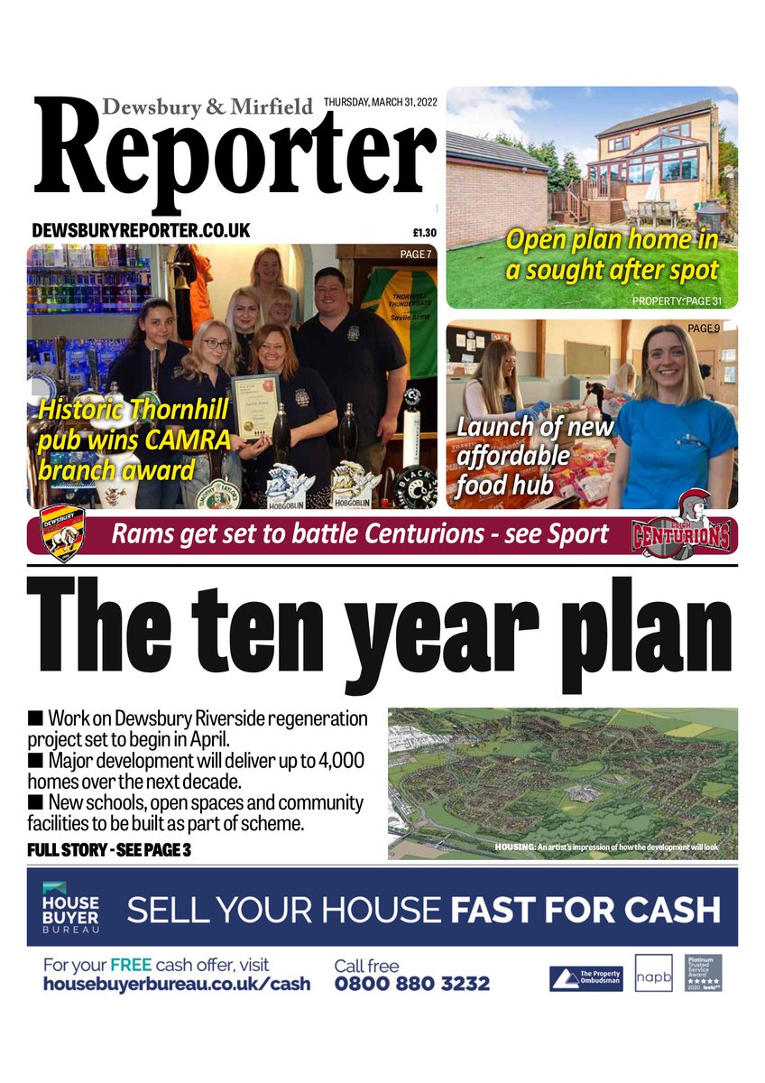 In today's <a href="/DewsReporter/">Dewsbury Reporter</a> - work set to begin on ten-year #Dewsbury Riverside regeneration plan, launch of new affordable food hub, historic Thornhill pub wins CAMRA award, <a href="/DewsburyRams/">Dewsbury Rams</a> prepare to battle the Centurions, plus your 7-day TV listings and puzzles pages