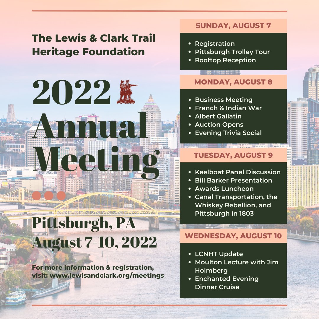 Lewis_ClarkTHF's tweet photo. We're ready for this year's annual meeting in Pittsburgh, are you? For more information or to register, click on the link in our bio. If you're interested in donating items for the auction, please email Sarah Cawley at director@lewisandclark.org. https://t.co/jvrSDpr4sm