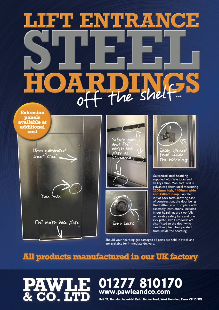 💥STEEL HOARDINGS off the shelf...💥⁠
⁠
We can manufacture bespoke size hoardings and offer a fast delivery service or collection from our Essex based factory.

💻 pawleandco.com

⁠#steelmetal #steelmetalfabrication #liftcompany #metal #industry #steel #steelindustry