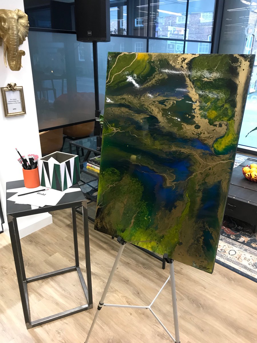 The silent auction at <a href="/WorkBold/">𝐁old®️</a> Bauhaus is underway. This stunning piece of art by Jane Beaumont, done using the colours of the Ukrainian flag, will be going home with one lucky winner tonight.