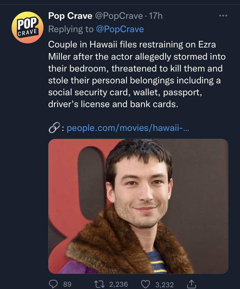CosmonautMarcus's tweet photo. I feel like Ezra Miller has darkness in their heart. Lately I get a bad vibe about them. Something wicked and sinister is coming. Maybe not today. Maybe not tomorrow. But someday. https://t.co/MfJJHPWhVP
