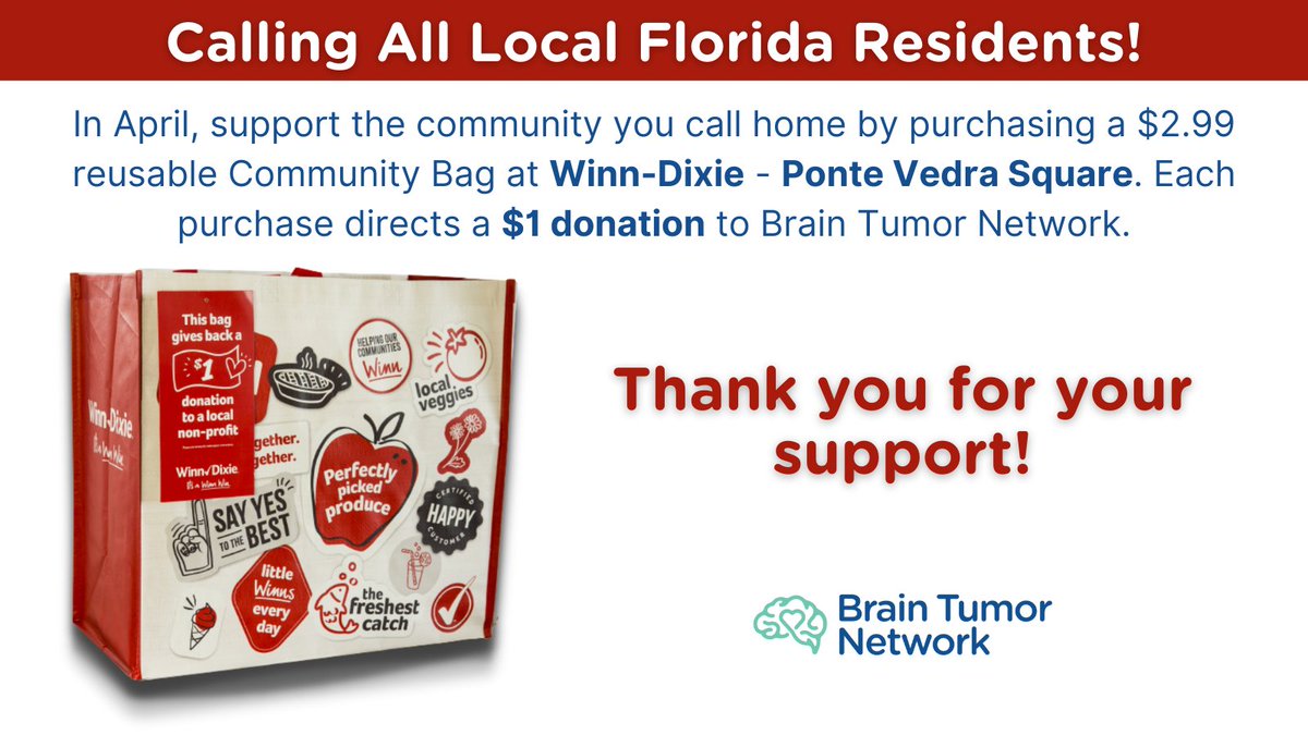 BTNcares's tweet photo. Don't forget to buy your reusable bag at @WinnDixie - Ponte Vedra Square (Solana Road) in Ponte Vedra Beach, Florida during the month of April to support BTN! #BrainTumor #communitybagprogram #winndixie #community https://t.co/xEly24J57A