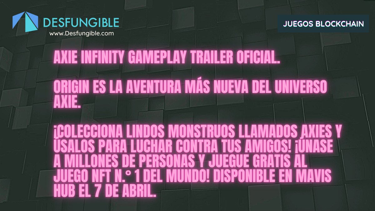 desfungible's tweet photo. Axie Infinity Origin Gameplay tráiler oficial 👉
https://t.co/IPMRkRA7HQ

#AxieInfinity #Origin #Gameplay #Desfungible #JuegosBlockchain #PlayToEarn https://t.co/PmjmbrWW3e