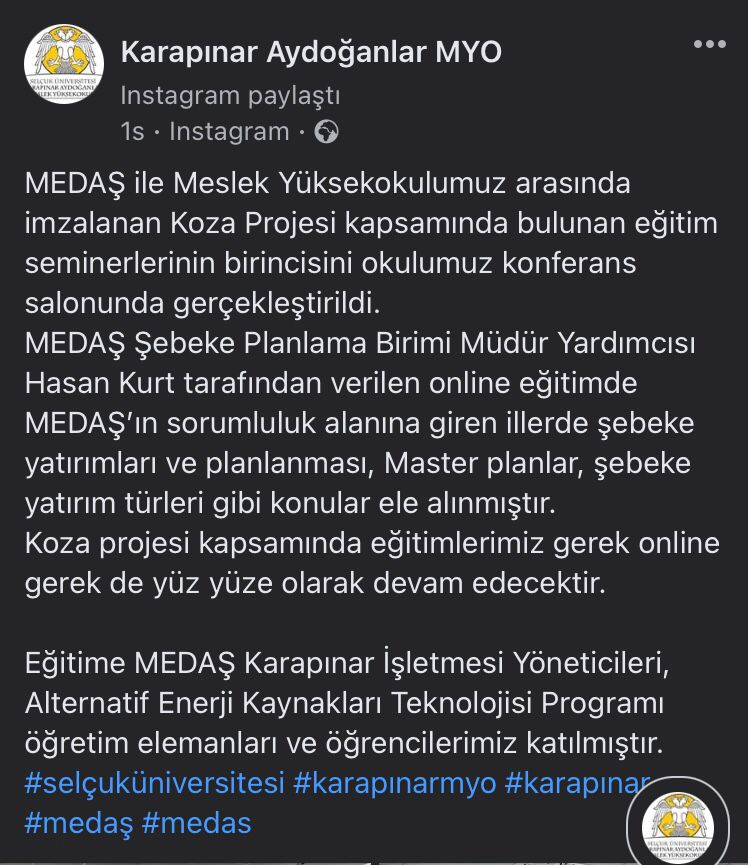 MEDAŞ ile Meslek Yüksekokulumuz arasında imzalanan Protokol kapsamında bulunan eğitim seminerlerinin birincisini okulumuz konferans salonunda gerçekleştirildi. #selçuküniversitesi #karapınarmyo #karapınar #medaş #medas