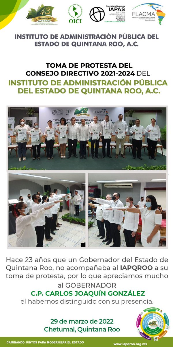 iapqroo's tweet photo. Nos congratula enormemente que el Gobernador @CarlosJoaquin haya tomado protesta a los integrantes de nuestro Consejo Directivo.

¡Muchas gracias y enhorabuena a todos los que integramos el IAPQROO! https://t.co/HkRMs2Zc65