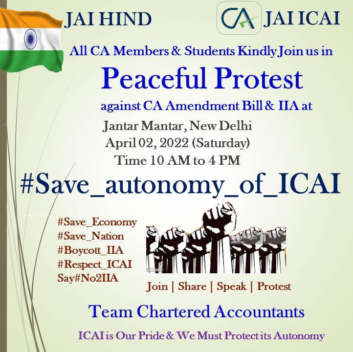 CAMAHENDRATOMAR's tweet photo. Let's raise voice against the wrong doing of government...
Call for protest
#saveicai
#SaveAutonomyOfInstitutes https://t.co/Txt43heHCc