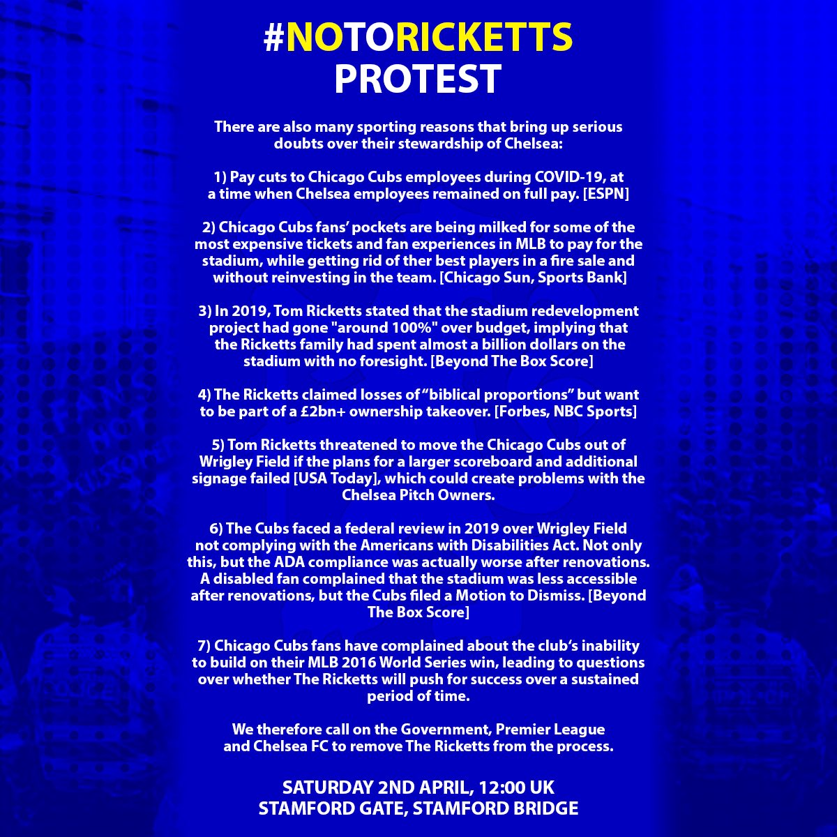 matissearmani's tweet photo. ‘We can no longer just STAND AROUND we must now STAND TOGETHER!’

The sporting reasons as to why the #NoToRicketts protest is taking place before the Brentford (H) match. Don’t wait until it’s too late to have your say, don’t leave anything to chance.

12pm. 2/4/2022 https://t.co/L5xdSzqOLR