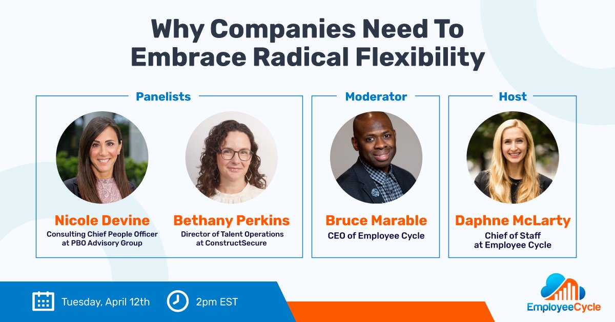 EmployeeCycle's tweet image. Employee Cycle is holding their first, education-centered #panel #discussion about Radical Flexibility and its impact on #workforcemodeling on Tuesday, April 12 at 2 pm EST. Register today to save your seat: bit.ly/3HYtUOh