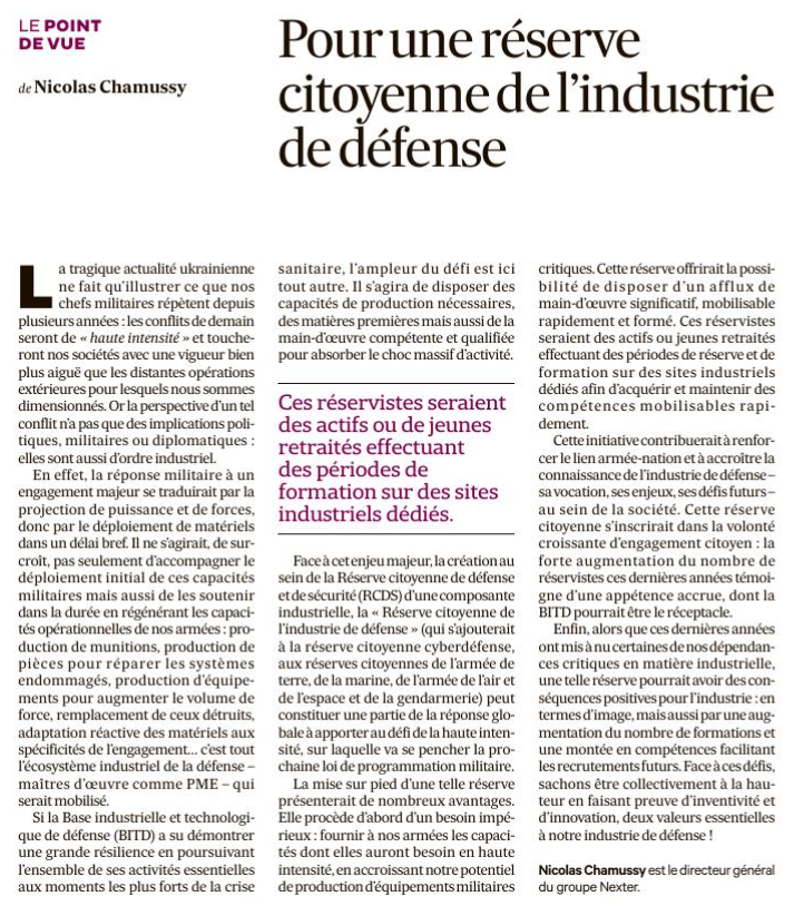 ChamussyN's tweet photo. Pourquoi créer une Réserve citoyenne de l’industrie de #défense ? Pour fournir à nos armées les capacités dont elles auront besoin en haute intensité, en accroissant notre potentiel de production d’équipements. 
Retrouvez ma tribune sur le sujet dans @LesEchos ⬇️ https://t.co/6ITVlcg1HO