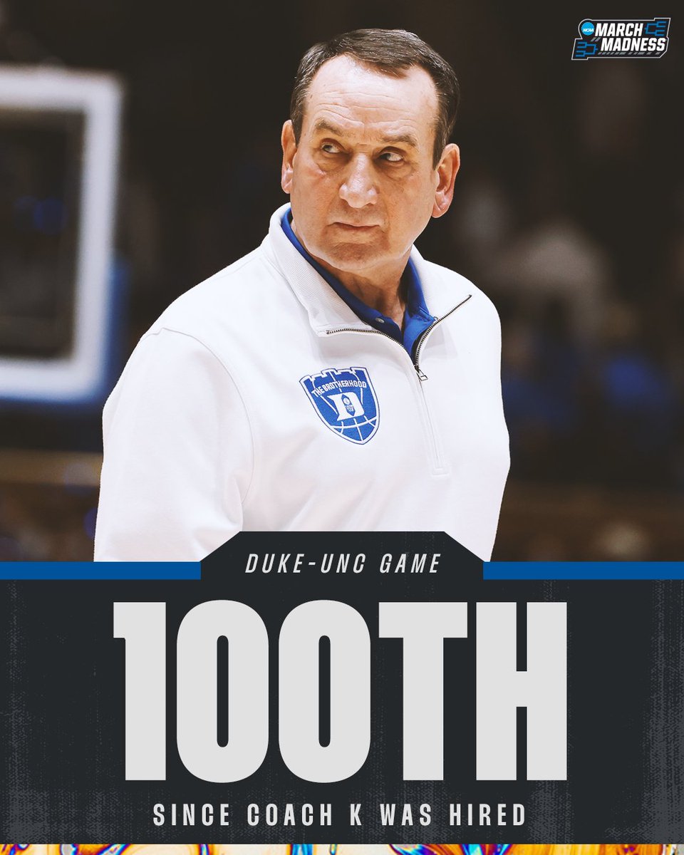 MarchMadnessMBB's tweet photo. Saturday will be the 100th Duke-UNC meeting in the Coach K era. Things have been CLOSE 👀

Wins- Duke: 50 | UNC: 49

Points- Duke: 7,784 | UNC: 7,763

Don't miss it Saturday at 8:49pm ET on TBS https://t.co/IRPkCypbHM