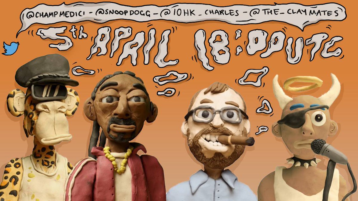 It's official: <a href="/SnoopDogg/">Snoop Dogg</a> and <a href="/champmedici/">Champ Medici</a> will partner with Clay Nation to bring creative collectibles, unreleased music, &amp; limited plots - Baked Nation - to Cardano. 

Join Snoop, Champ &amp; <a href="/IOHK_Charles/">Charles Hoskinson</a> with @The_ClayMates for a momentous conversation.

April 5 | 18.00 UTC