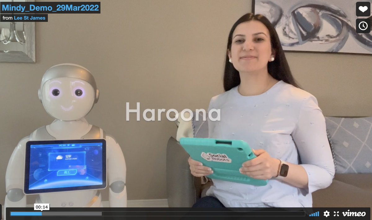 social_robots's tweet image. Pleased to introduce Haroona, our new director of Operations. This 2min15sec video shows the new Mindy in a short virtual demo for #retirementhomes showing how #RobotsCanHelp reduce #socialisolation and boredom for older adults.  

vimeo.com/693805018