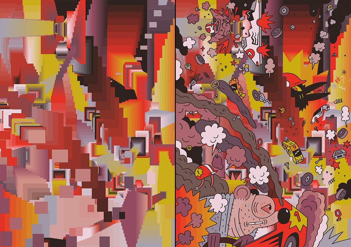 gremplin's tweet photo. Hedgehog Racetrack, born from staring into @NoPattern 's work and finding characters to pull out of the beautiful chaos, is alive on the Infinite Pressure site https://t.co/pA9B2owf0v https://t.co/Fd1K2H0dtM