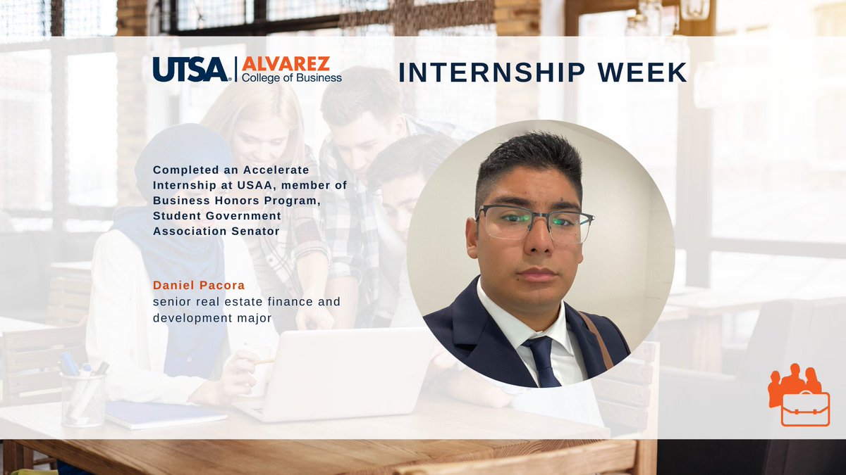 alvarez_ssc's tweet photo. Our final Internship Influencer panelist is Daniel, a senior real estate finance and development major! He completed an accelerate internship at USAA, is a member of the Business Honors Program and a Student Government Association senator. #utsa #intern #internshipweek https://t.co/Z8CDx7WRvk