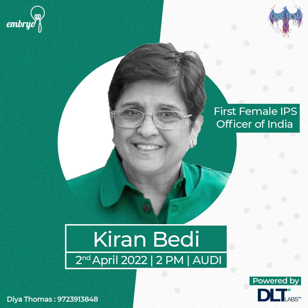 BITSEmbryoHyd's tweet photo. BITS Embryo is honoured to present to you the most awaited session of this fest, by India’s first woman to join officer ranks in the Indian Police Service - none other than Kiran Bedi. 
Join us on the 2nd April at 2 pm to hear valuable words of wisdom by the inspiring lady! https://t.co/iBoxNY9GiX