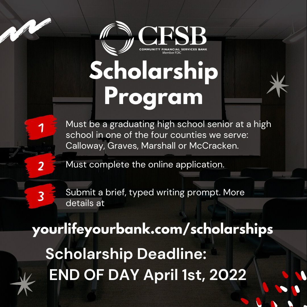 CFSBank's tweet photo. REMINDER: Tomorrow is the last day for any Scholarship applications. 
Please visit https://t.co/KqnD0O2jRJ and follow the instructions to apply! https://t.co/5cqOAyNGnv