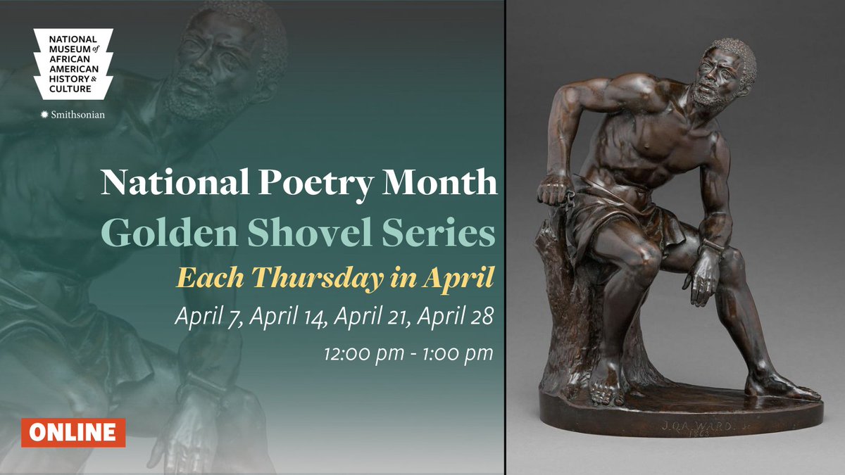 NMAAHC's tweet photo. Join us every Thursday in April at 12:00pm ET to celebrate #NationalPoetryMonth with a poetry writing workshop hosted by international slam poetry champion Anthony McPherson. https://t.co/z3SX7Y2P4O https://t.co/FiOAi8CzvT