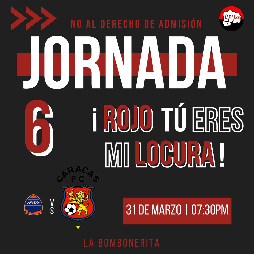 LaBarandaSF's tweet photo. NO al derecho de admisión 🚫
Jornada 6️⃣
¡Hoy juega el Rojo y busca los +3 puntos fuera de casa!
#SomosCaracas #CaracaFC https://t.co/zaolWbpakU