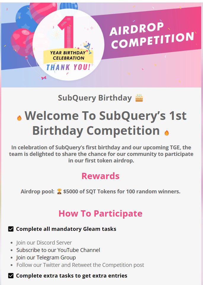 BorisVinnik's tweet image. 100 lucky winners will get a unique chance to receive project tokens worth more than 5000 thousand dollars. To do this, you just need to fill out a form and follow the project - do it as soon as possible

gleam.io/leBTF/subquery…

@subquerynetwork
#SubQueryDeveloper #subquerymarch