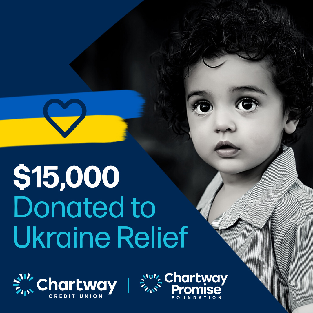 ChartwayFCU's tweet photo. We're honored to make a $10,000 donation to the #UkrainianCreditUnionDisplacementFund to help those who have lost homes, jobs &amp; communities. Our #ChartwayPromiseFoundation also made a $5,000 donation to @SavetheChildren to provide a moment of joy, hope &amp; smiles to Ukrainian kids. https://t.co/aDbexN6ZPf