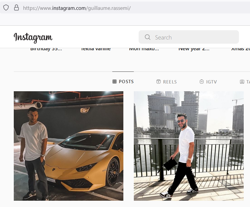 NFTethics's tweet photo. Now we are at it: the ruggers/scammers of Billionaire Dogs Club were Guillaume Rassemi and Laurent Correia (who has over 3M followers on his IG account). Also living in Dubai and of course driving in fancy cars as you do. https://t.co/b5WnIthM0x